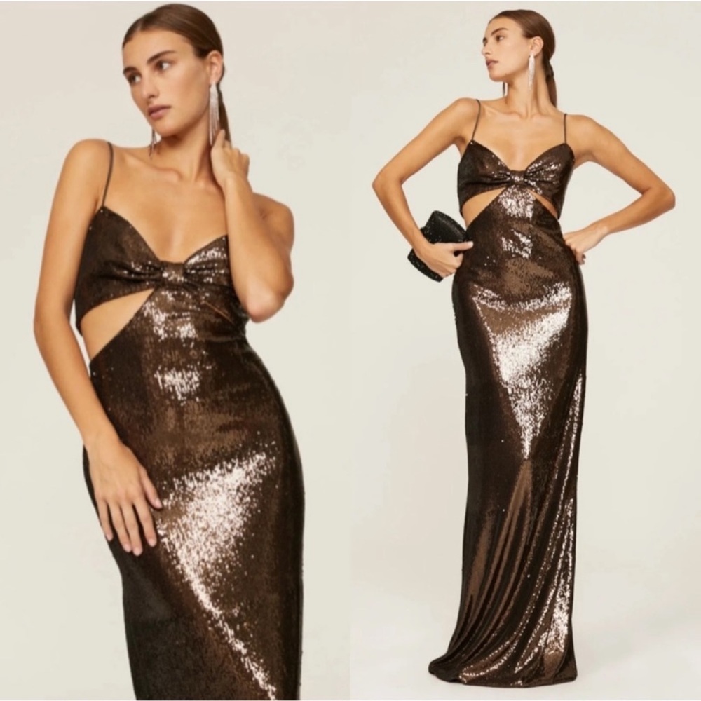 HALSTON Chloe Gown Maxi Dress in Sequins Espresso Brown Size 8